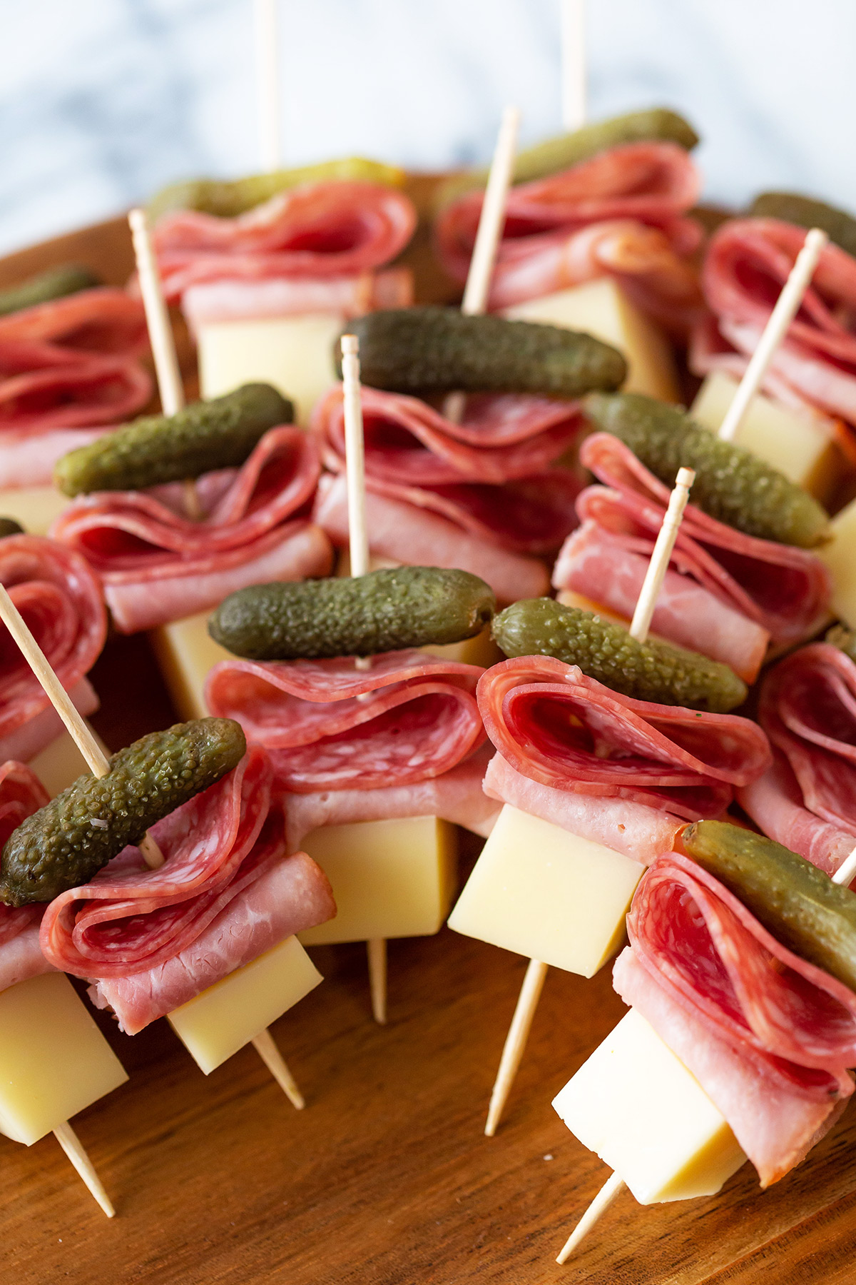Ham, Salami, Cheese and Pickle Skewer Appetizer