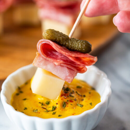 Cuban Sandwich Bites on a Stick with Mustard