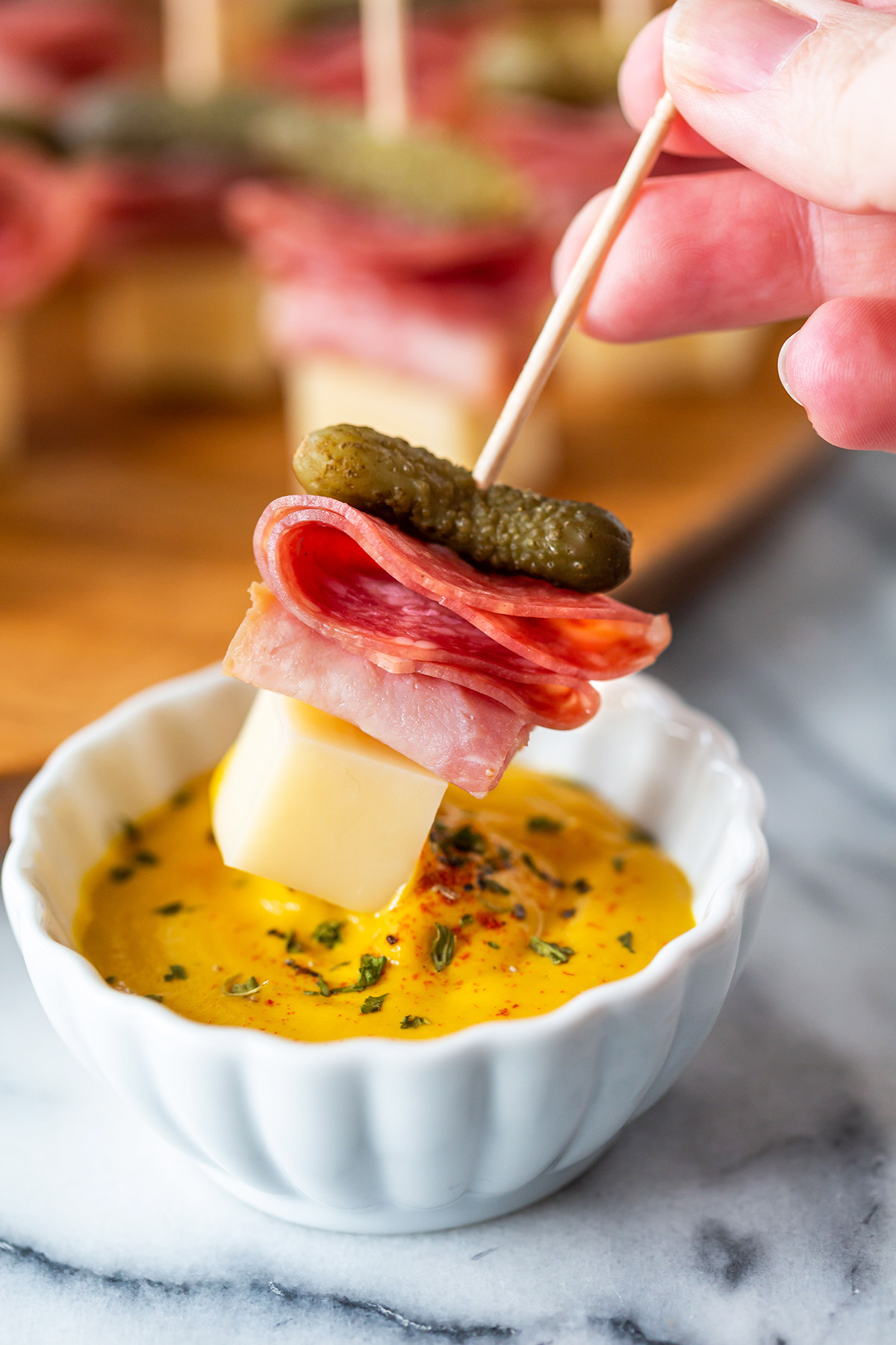 Cuban Sandwich Bites on a Stick with Mustard