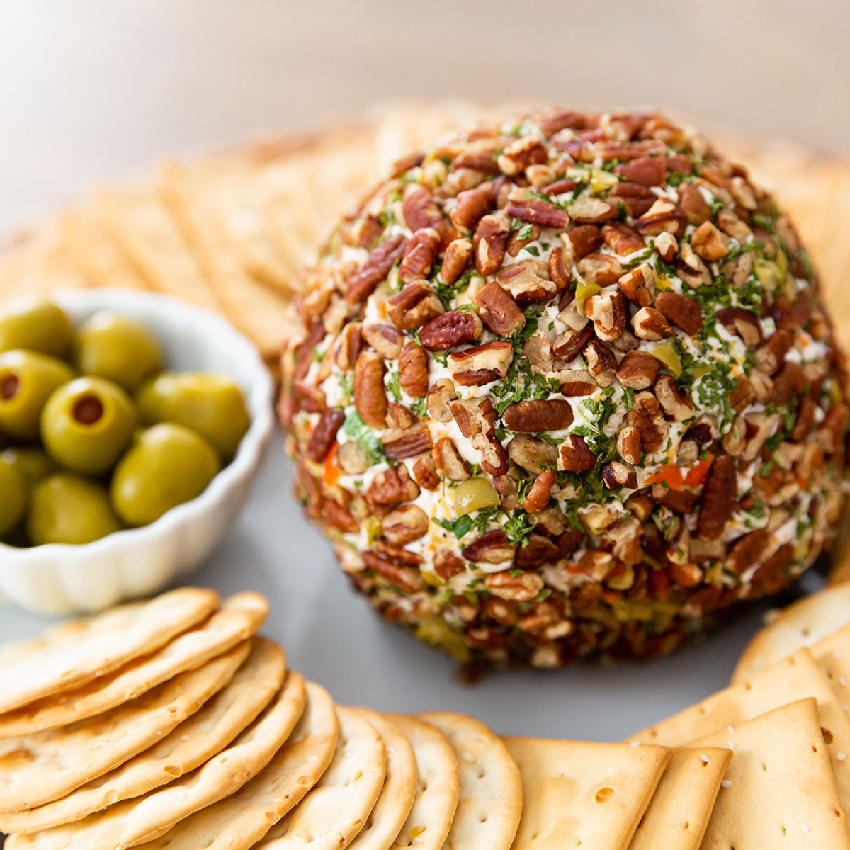 Olive Cheese Ball with Crackers