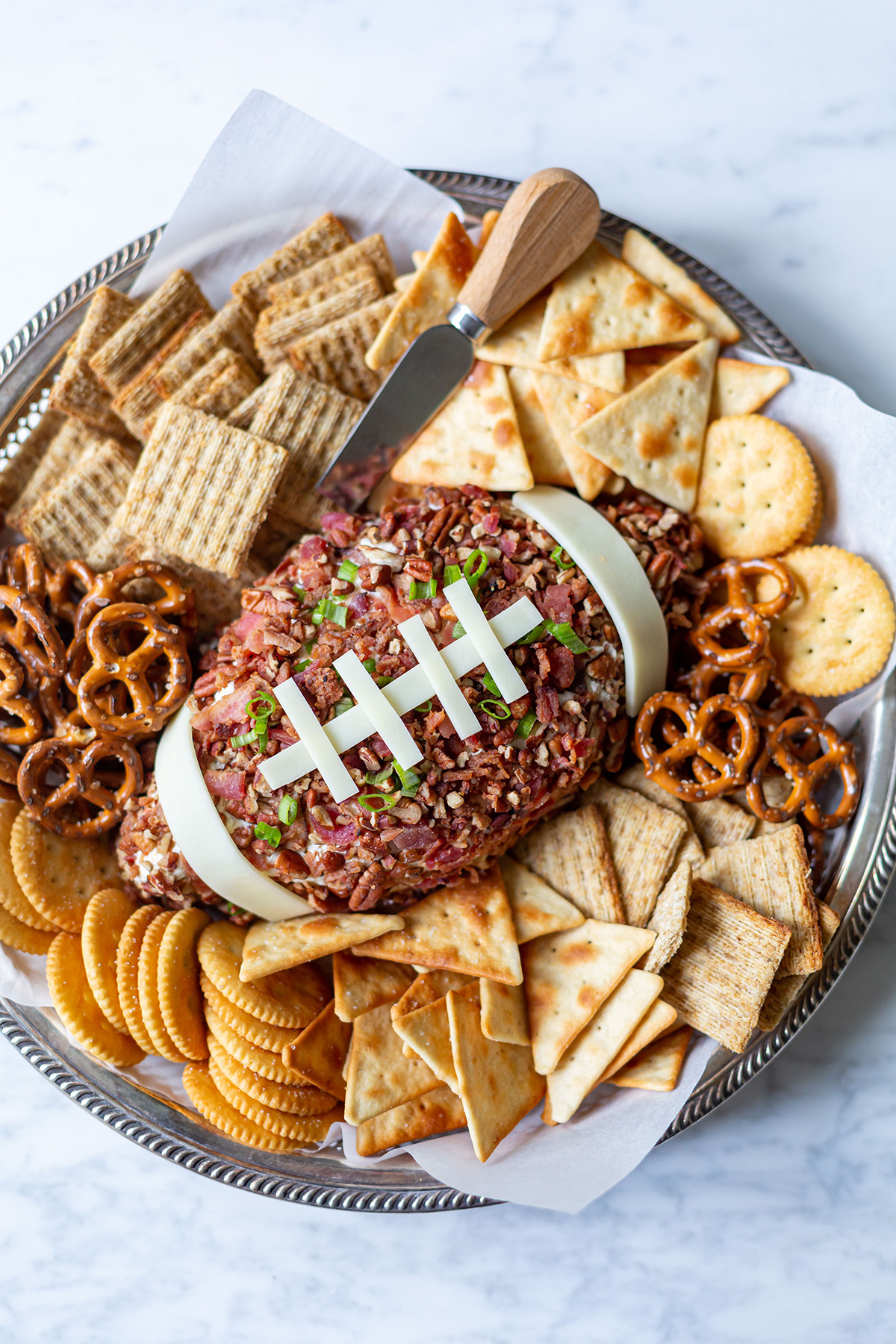 Bacon Cheddar Cheese Ball in Football Shape