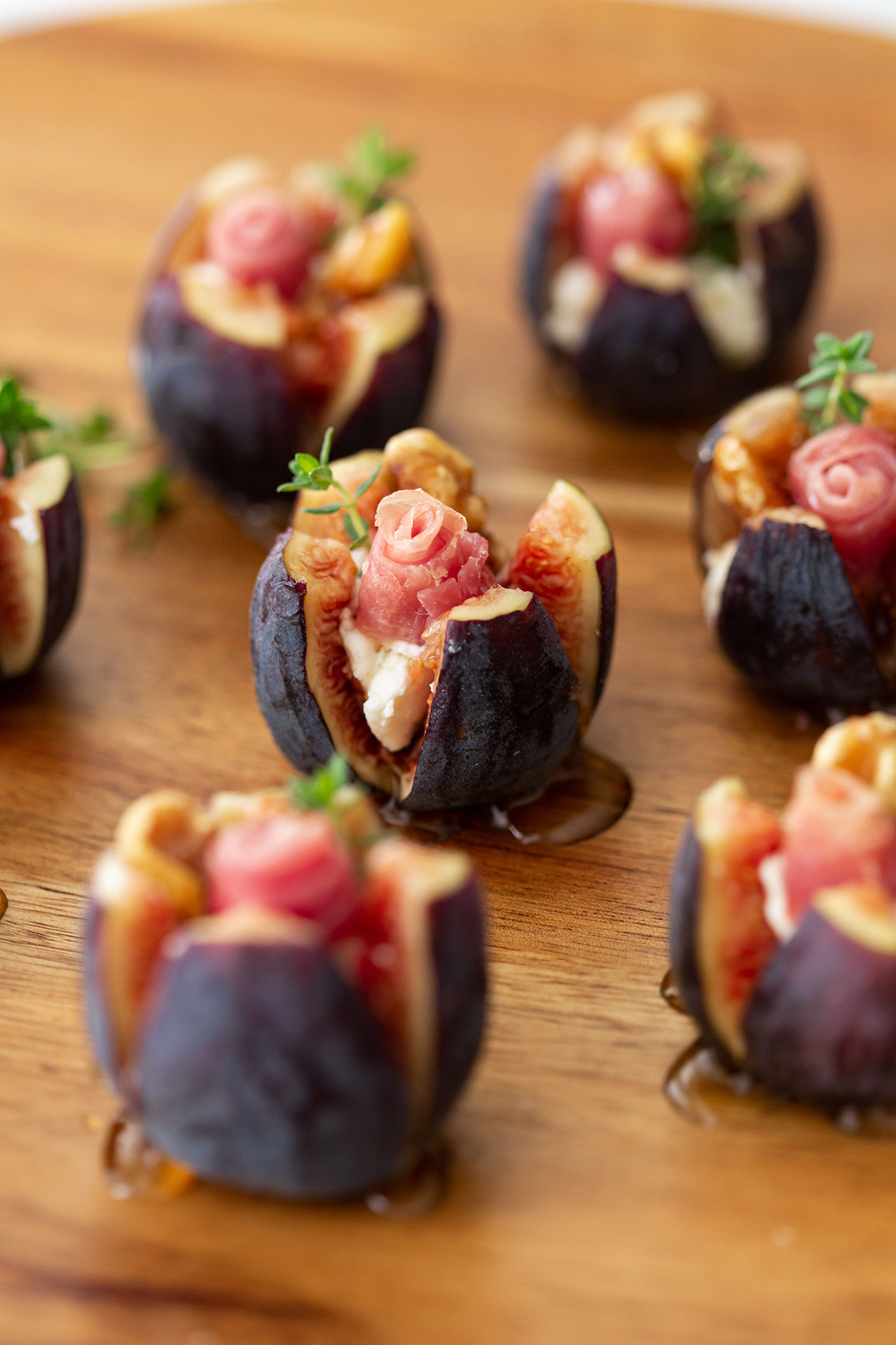 Stuffed Figs with Goat Cheese, Prosciutto Roses, and Walnuts